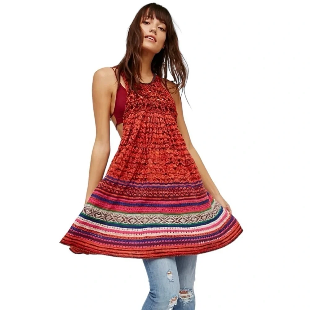 Free People Rare Hearts Tunic Knit Open Sides Multicolor Bohemian Top Womens Med